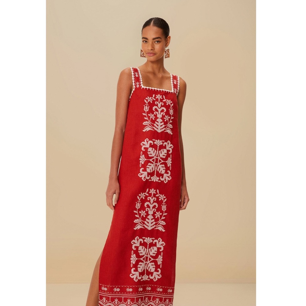 FARM Rio Red Cross Stitch Embroidered Premium Linen Midi Dress Size XL NWT